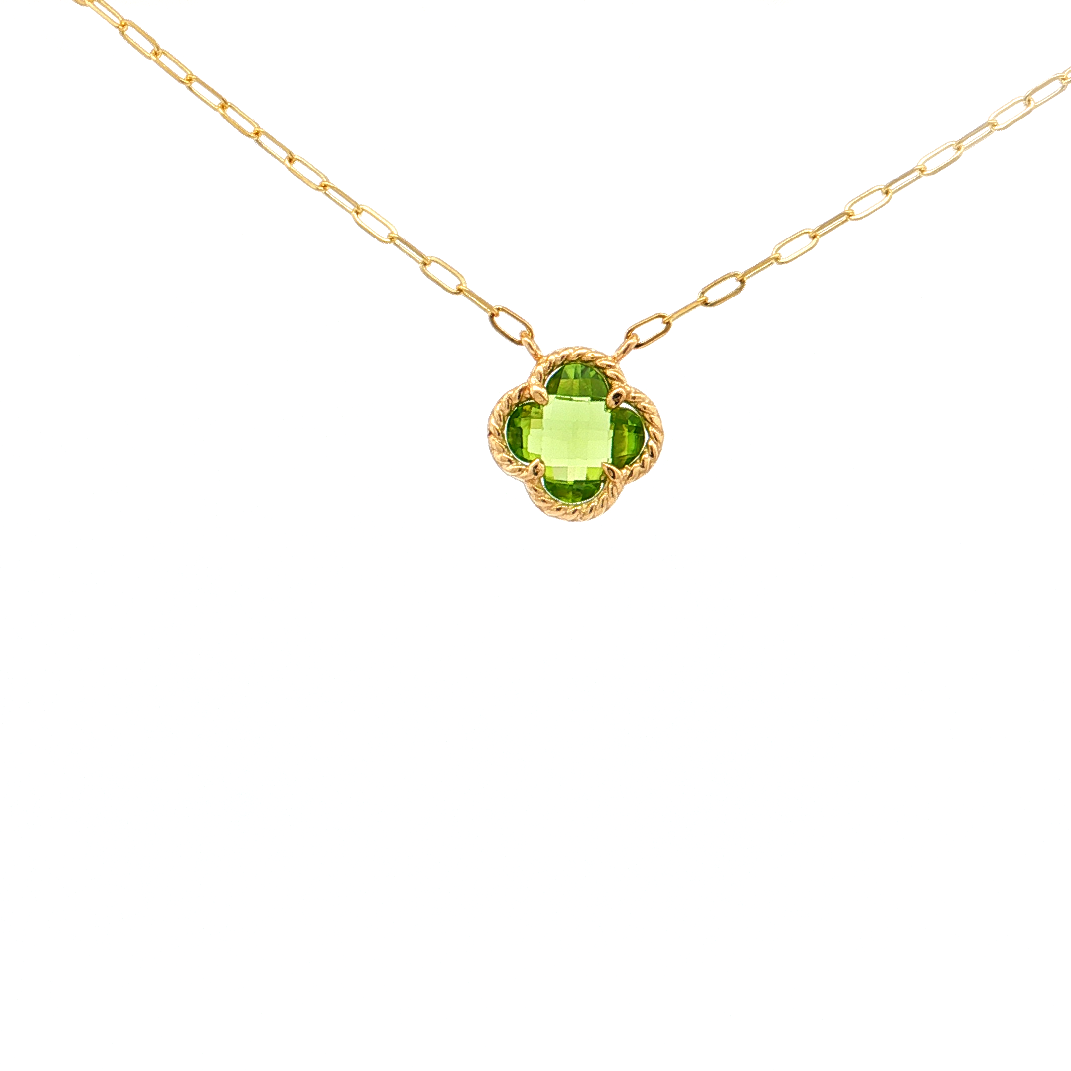 Featured image for “Peridot Clover on 14kt Gold Paperclip Chain”