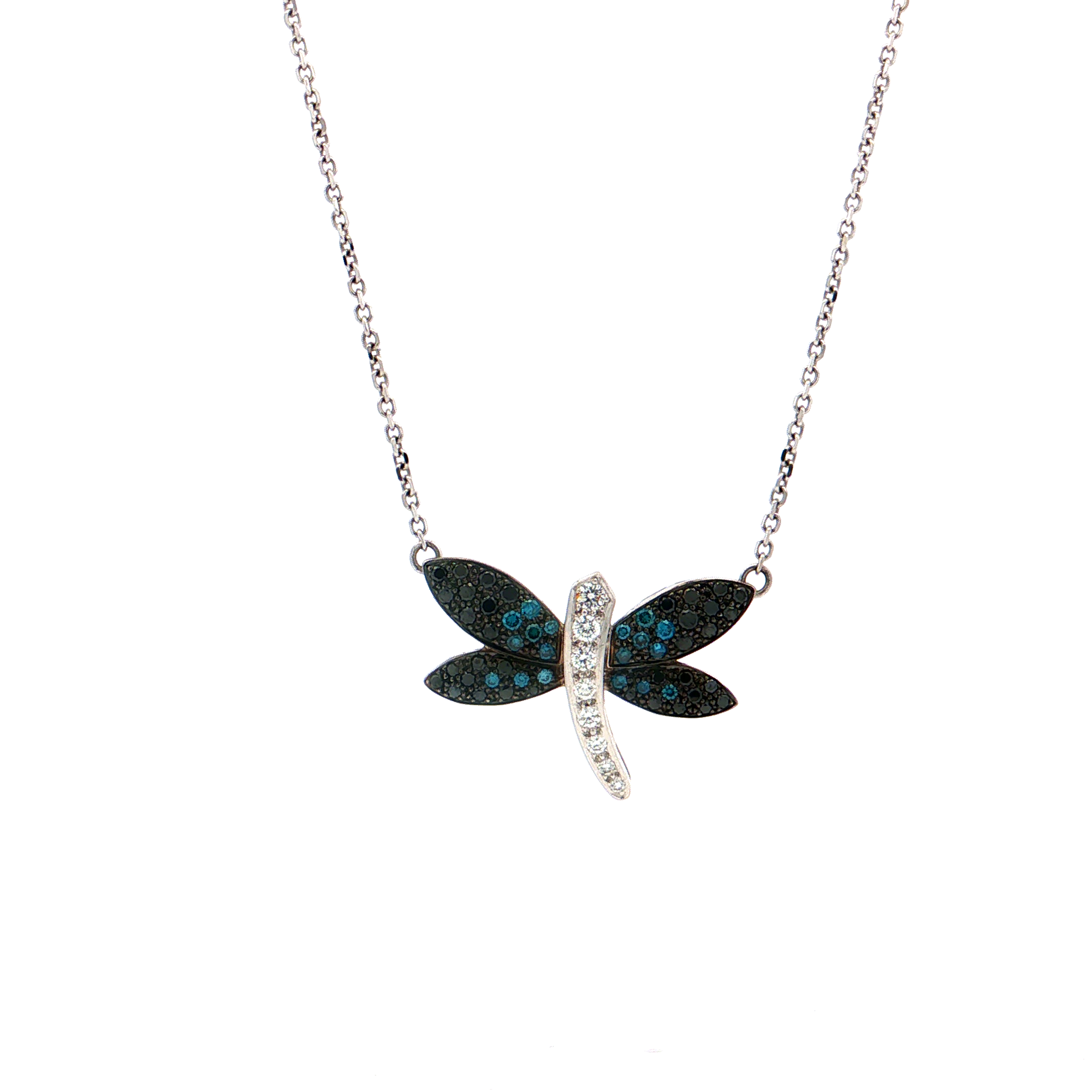 Featured image for “White Gold Dragonfly Pendant Necklace with Blue and Black Diamonds”