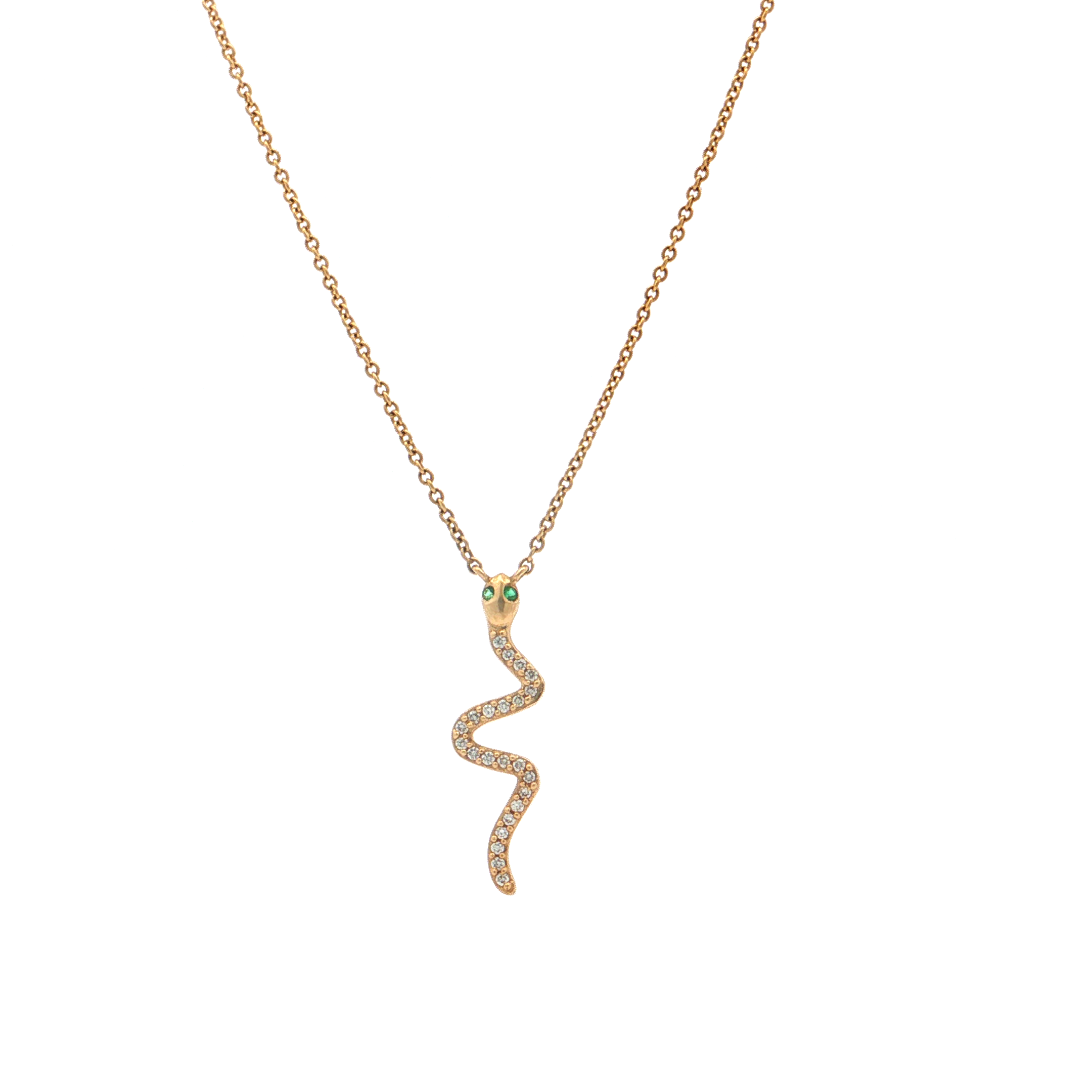 Featured image for “Small Yellow Gold and Diamond Snake with Emerald Eyes”