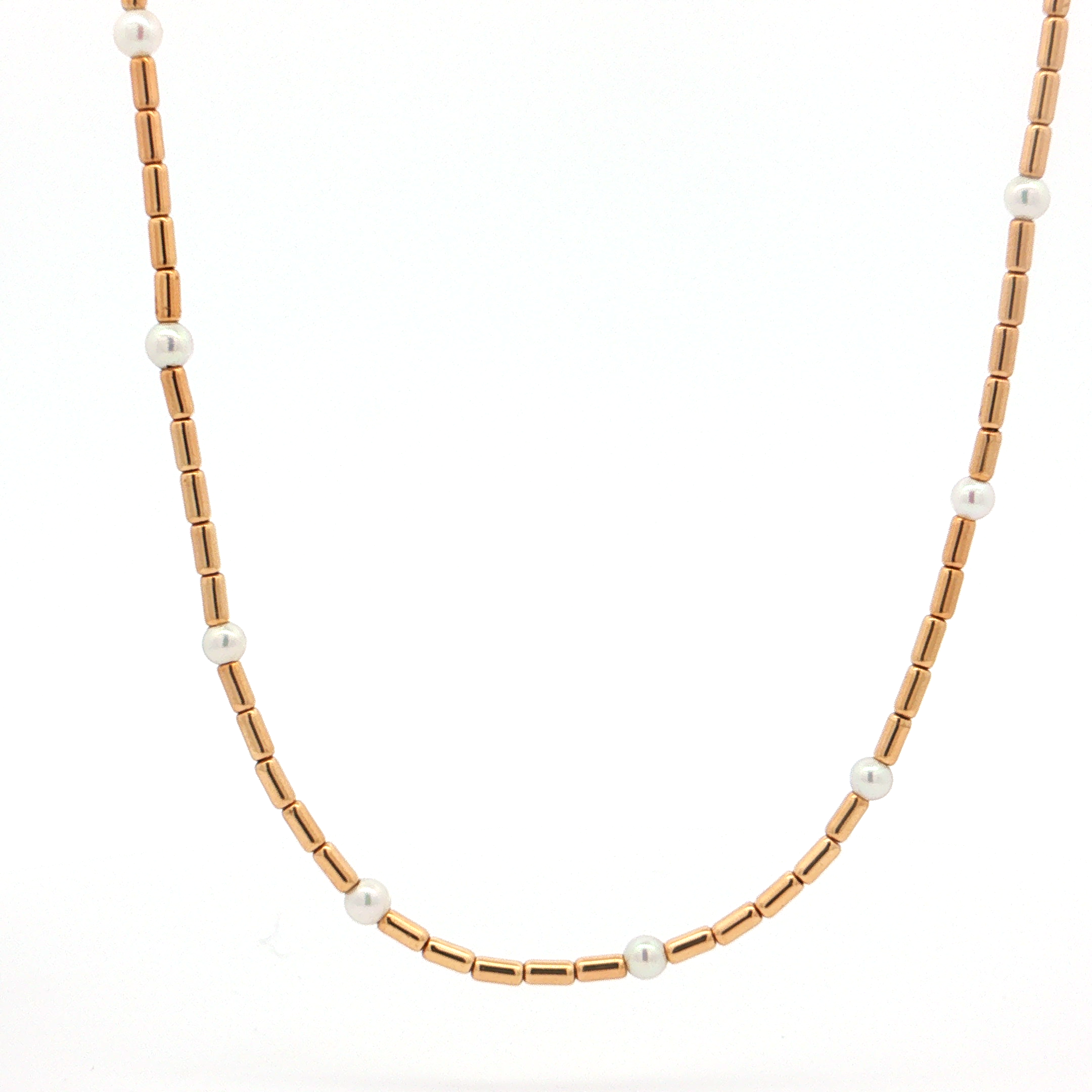 Featured image for “Yellow Gold Cylinder Bead and Pearl Station Necklace”